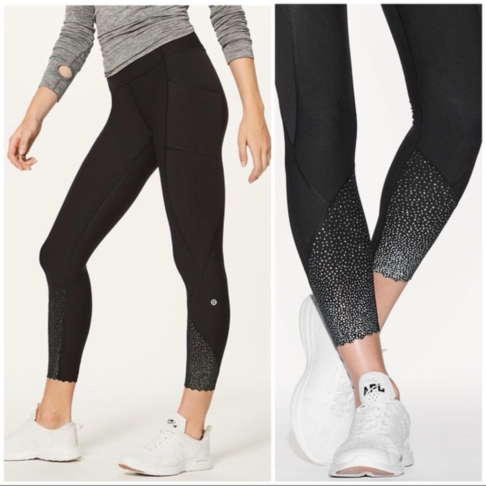 LULULEMON Tight Stuff Tight II Crop Leggings Reflective Scallop Hem Black Size 4